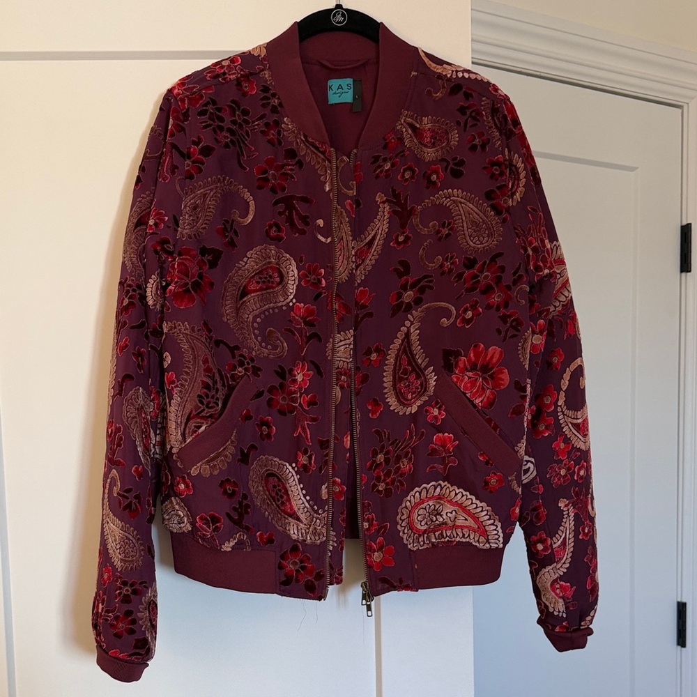 Burgundy and Beige Paisley Bomber Jacket
